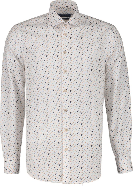 Ledub modern fit overhemd - structuur - wit met blauw - grijs en bruin dessin - Strijkvriendelijk - Boordmaat: 46
