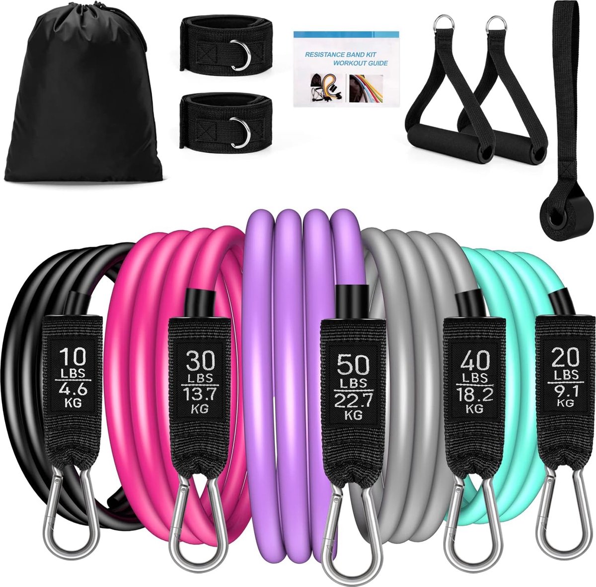 Luxiba - Spiertraining fitnessbanden krachttraining set weerstandsbanden expander weerstandsbanden set 12 kleurverloop roze band stapelbaar tot 150 LBS