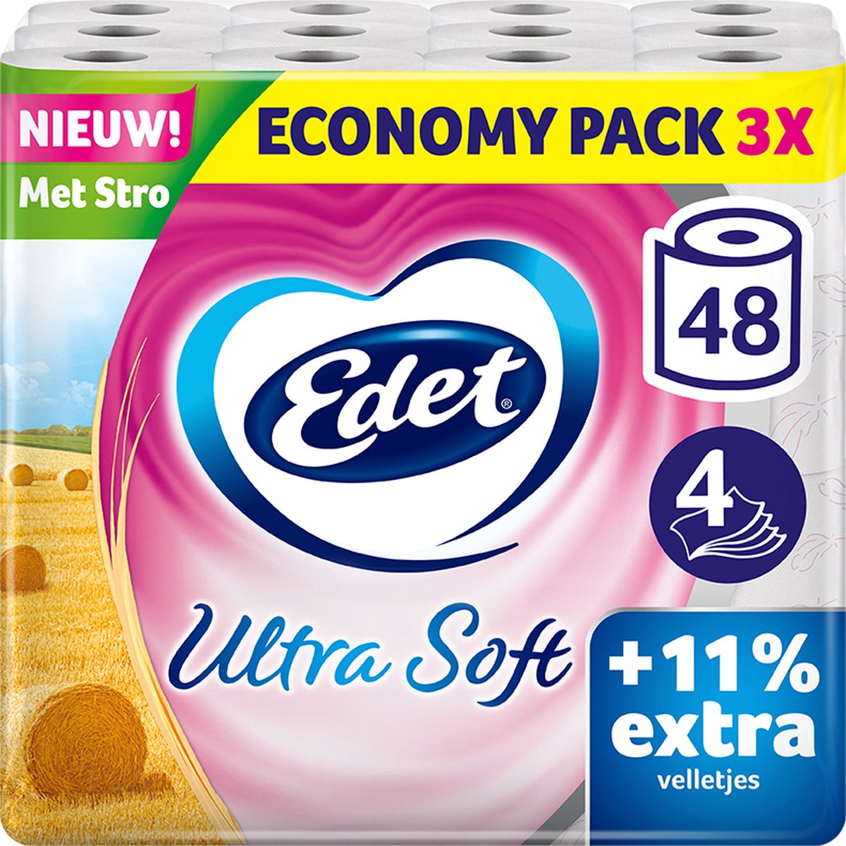 Edet Ultra Soft Toiletpapier met stro - 4-laags - 48 rollen - 11% extra velletjes - voordeelverpakking - Edet