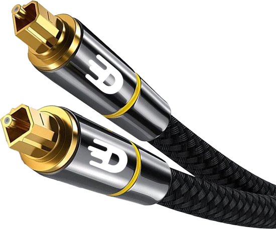 Dubbele Toslink optische audiokabels met zwarte gevlochten kabel en gouden connectoren met logo.