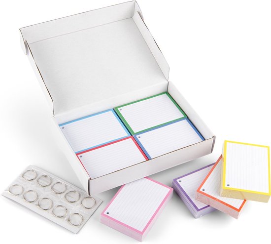 Flashcards 500 stuks A6 - 10.5x15cm met perforatie en 10 XL klikringen - flitskaarten - Duurzaam FSC-gecertificeerd 350 grams karton