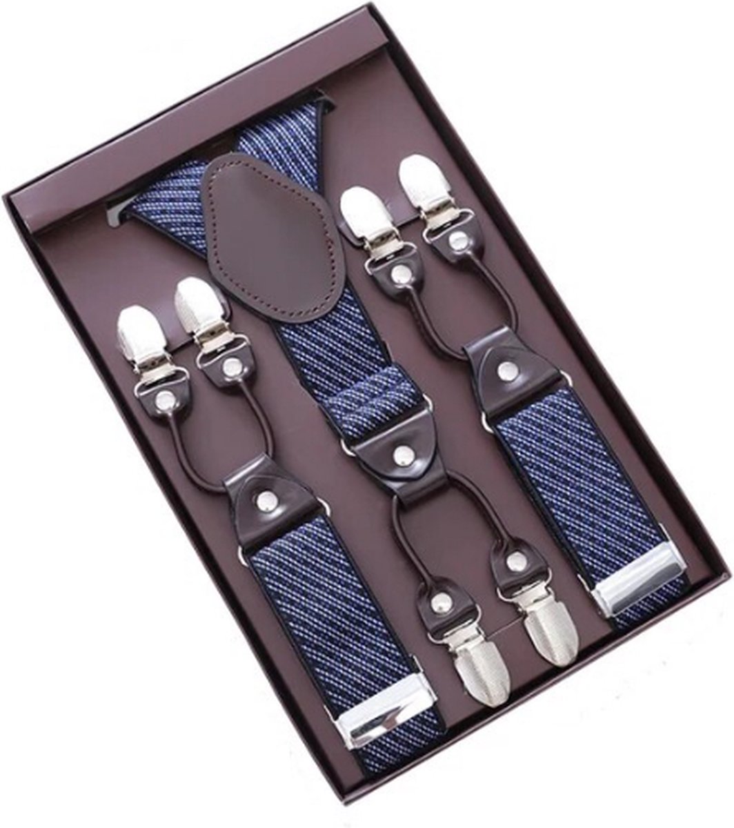 Bretels Heren - 6 Stevige Clips - Zwart/Blauw/Wit Schuin Motief - Donkerbruin Leer - 3,5 cm