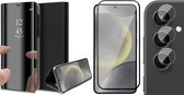 Hoesje geschikt voor Samsung Galaxy S24 - Screenprotector Volledig Dekkend Glas & Camera - Spiegel Book Case Zwart
