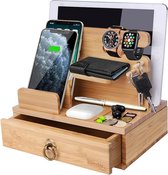 Bamboo Desktop-laadstation voor meerdere apparaten, Dock Station Watch Organizer-sleutelhouder met lade voor Watch, Pods, Pad, smartphones, tablets, Kindles
