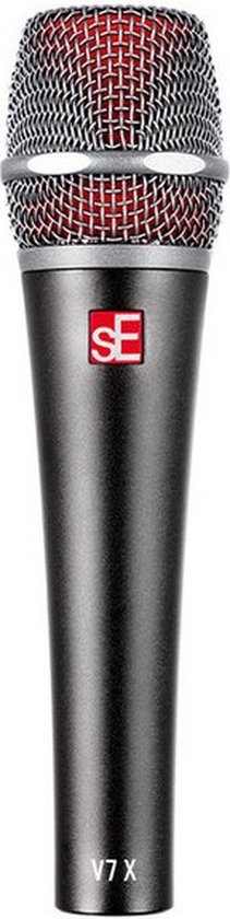 Zilveren microfoon met rode binnenkant en 'SE V7 X' logo.