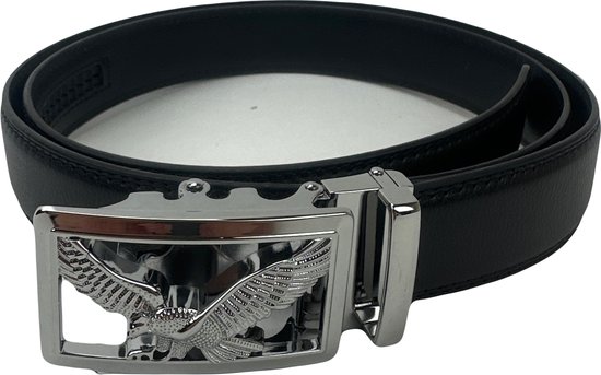 Marco Rossi heren riem - Adelaar zilver 3D Hardware - Riem heren - zwart - riemen heren automatische gesp - cadeau voor man - koe leer - 135 cm