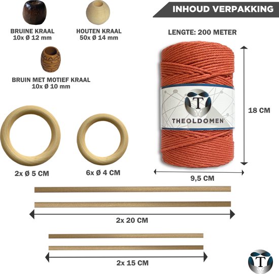 Macramé Pakket | 200 METER | Incl. Handleiding | Rust | Starter Set | Ringen | Kralen |Stokken | Macramé Touw | 3mm | 100% Katoen | Macramé | Decoratie | DIY | Doe Het Zelf | Wandkleed | Dromenvanger | Plantenhanger | Tassen | TheOldOmen |