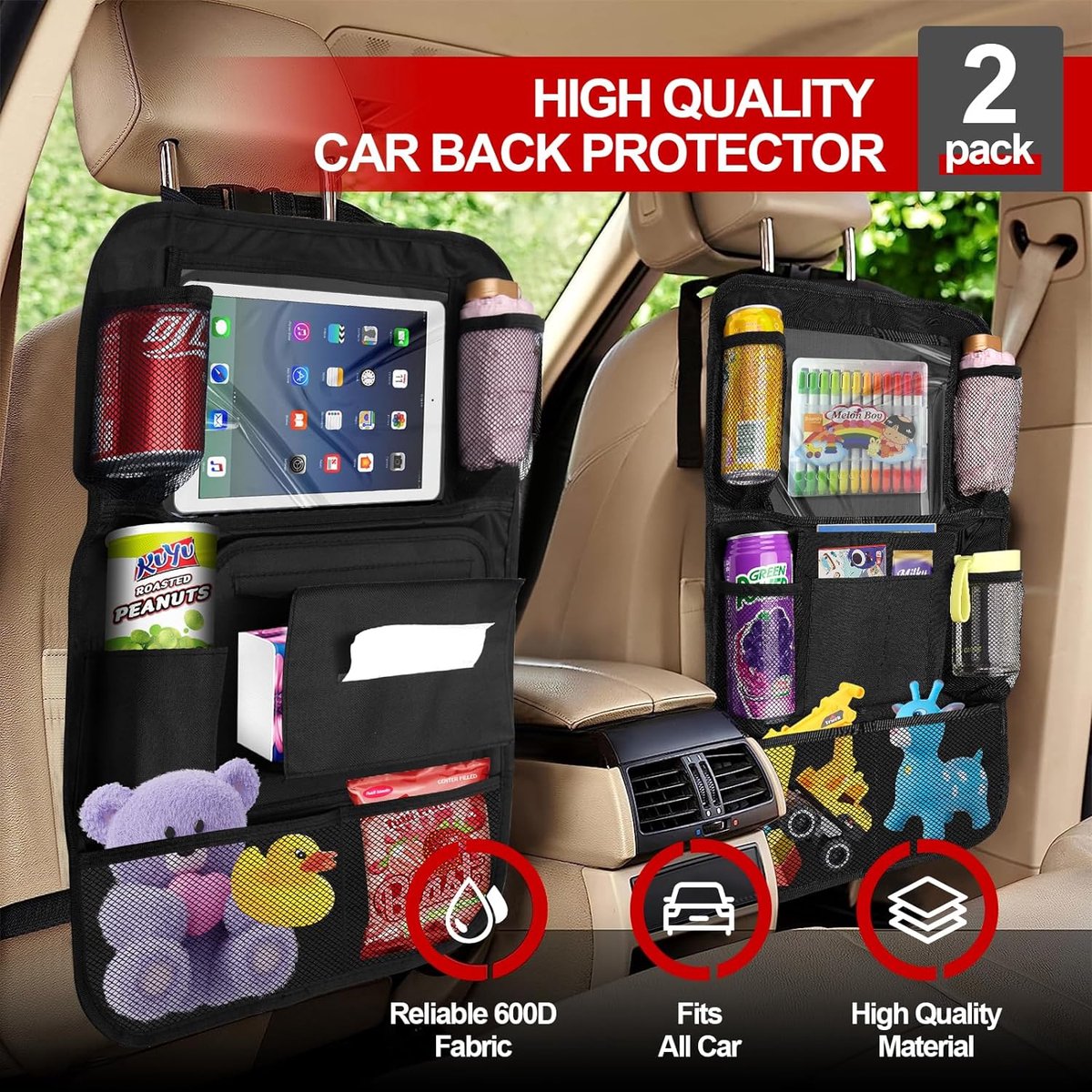 Auto-organizer, stoelorganizer voor kinderen, 2-delige waterdichte rugleuningbescherming, auto met 18 opbergvakken en vuilniszak, achterbankbeschermer met 11 inch