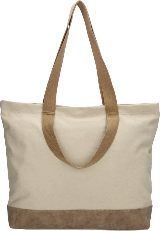 Lichtbruine canvas shopper tas met bruin suède bodem en bruine hengsels. Rechthoekige vorm.