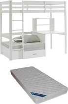 Hoogslaper 90 x 200 cm met bureau, slaapbank en opbergruimte - Massief grenen - Gebleekt + Matras - GOLIATH III L 207.8 cm x H 178.8 cm x D 96.8 cm