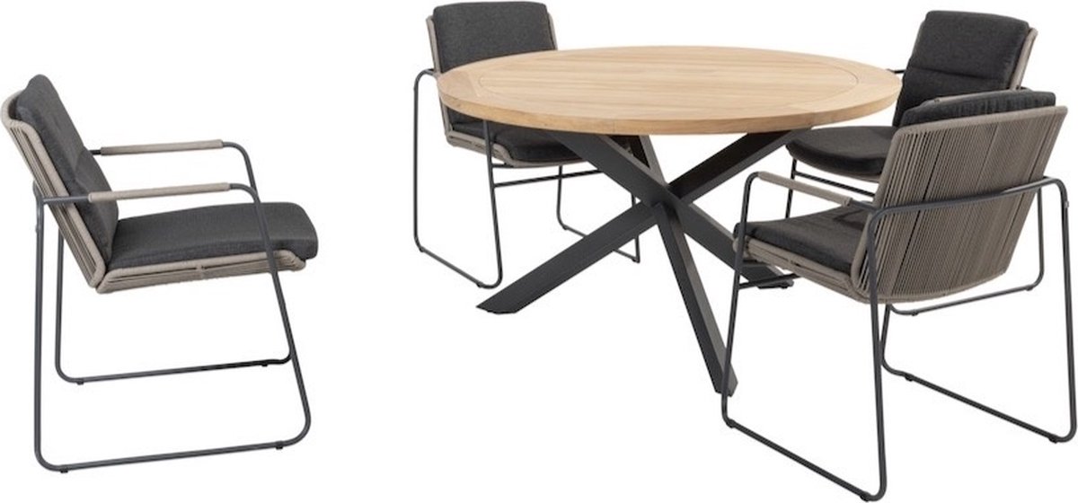 Ronde teak tuinset in taupe, 5-delig, van Parma Prado met 130 cm.