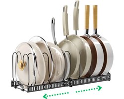 LaCardia Pannenrek uitschuifbaar voor 9 Pannen & Borden - Staand Keukenrek & Pannendeksel Houder - Bordenrek Organizer - Zwart