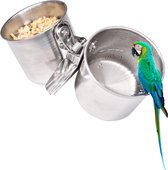 Vogelvoederschaal voor papegaaien, vogelvoederbak van roestvrij staal, met klemhouder, voor voedsel en water, diameter 5,5 cm