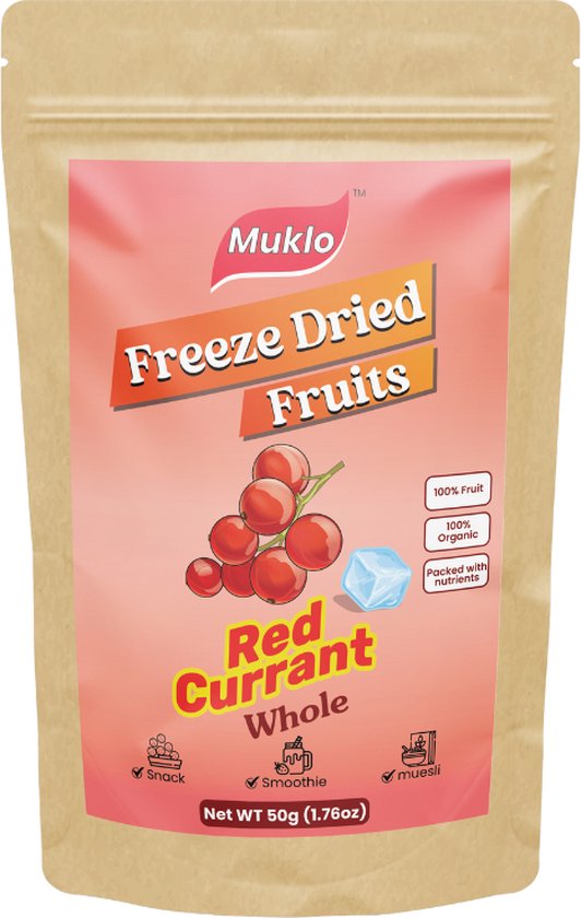 Muklo - Freeze Dried Fruits (Gevriesdroogd Fruit) - Red Currant (Rode Bes) Whole- 50 Gram - Gezonde snack - Zonder toevoegingen - 100% fruit - Vegan