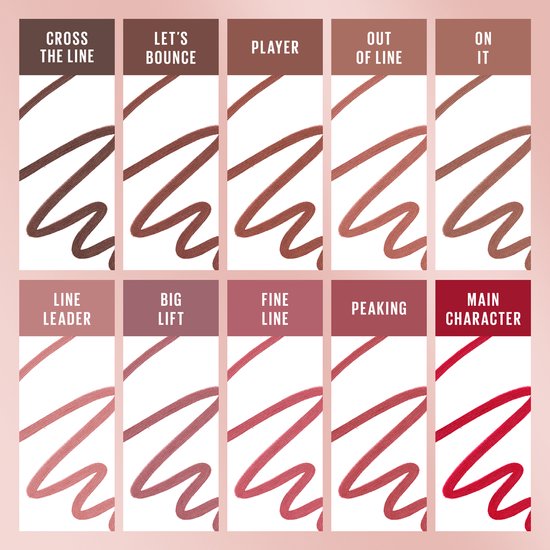 Tien kleurstaaltjes van lip liners, van donkerbruin tot rood.