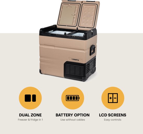 Steamy-E Dual Zone Elektrische Compressor Koelbox - Dual Zone - 54 liter - 12V en 230V - voor auto en camping - Sandstone van Merkloos — afbeelding 3