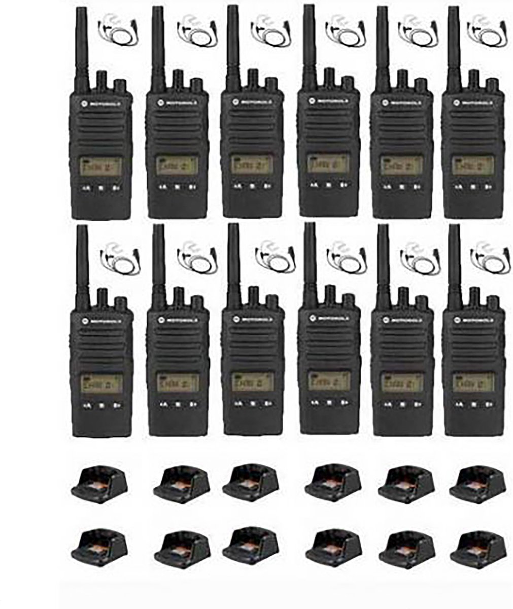 Set van 12 Motorola XT460 IP55 PMR446 met beveiliging oortje M1 2-Pins en tafellader