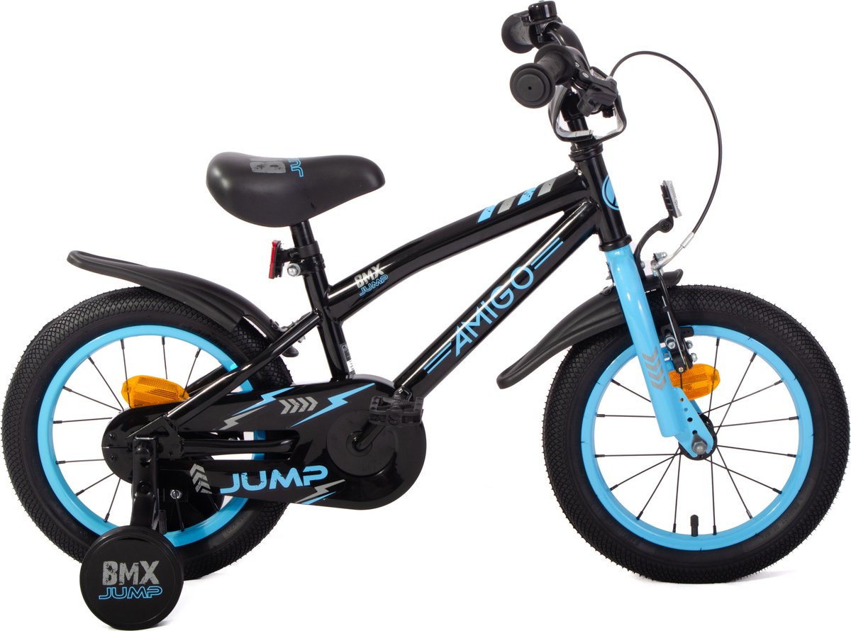 AMIGO BMX Jump Jongensfiets 14 Inch - Kinderfiets voor 3 tot 5 Jaar - 95-110 cm - Met Zijwieltjes - Zwart/Blauw
