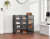 schoenendozen, schoenenopberger van kunststof, met deur, transparant, set van 12, stapelbaar, eenvoudige montage, 27 x 34,5 x 19 cm, voor schoenen tot maat 46, zwart LSP032B12V1