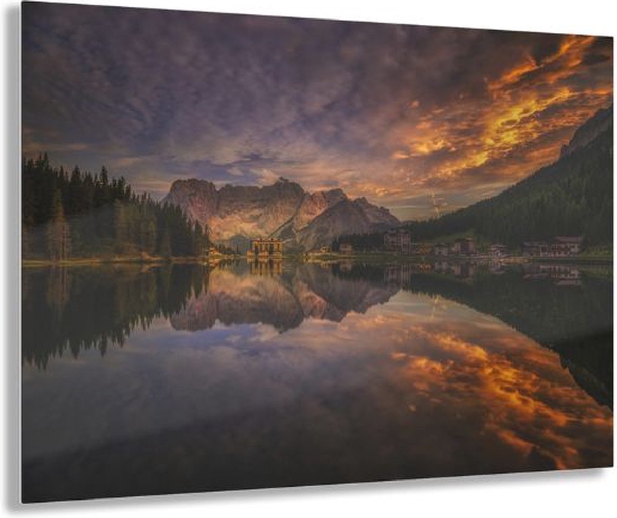Myfinto Indoorart - Glasschilderij Misurina zonsondergang 120x80 CM - Afbeelding op plexiglas - Inclusief montagemateriaal oranje