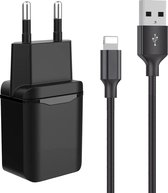 Adapter USB - Oplader Geschikt voor iPhone en iPad - PVC Materiaal - 2 Meter - Oplaadkabel - 12W Vermogen - Adaptive Fast Charger - Incl. Lightning Kabel - Stekkerblok - Zwart