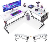 ODK speeltafel L-vorm, gamingbureau, speeltafel met ronde hoek, hoekbureau wit met monitorplank, 167 x 120 cm CODE B