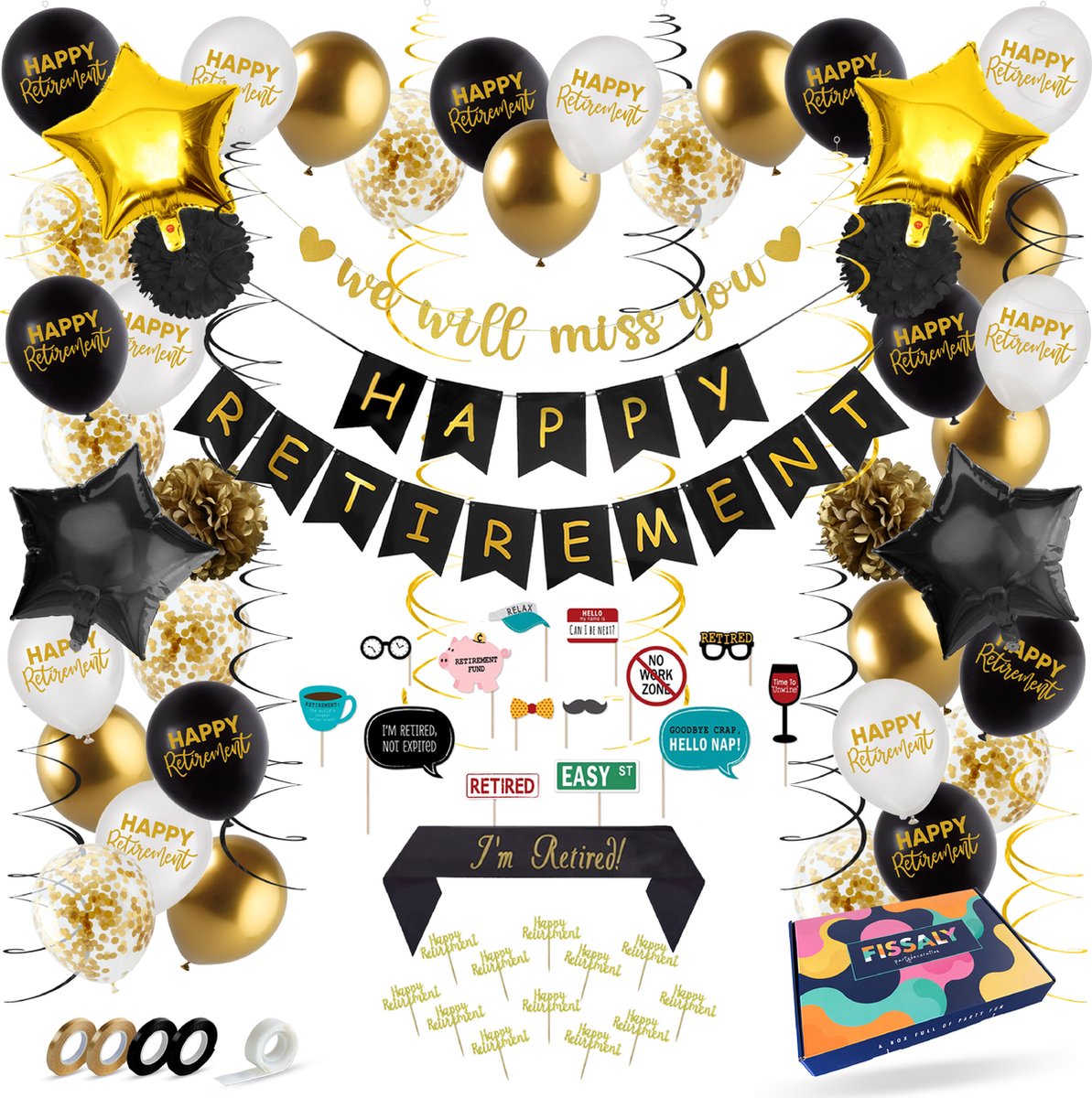 Fissaly Pensioen & Retirement Decoratie Versiering - Retired Feest Artikelen Pakket – Ballonnen, Slinger, Sjerp, & Accessoires
