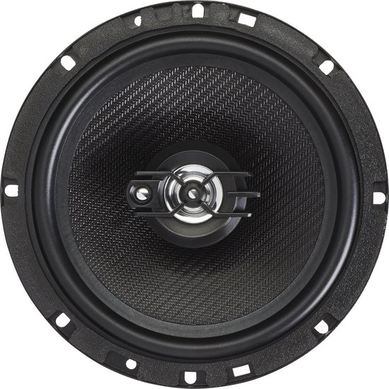 Zwarte 2-weg coaxiale auto speaker van 16,5 cm met een conus van koolstofvezel en een zilveren tweeter.