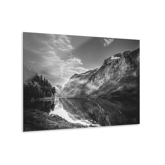 Indoorart - Glasschilderij zwart wit landschap berg 150x100 CM - Afbeelding op plexiglas - Inclusief montagemateriaal