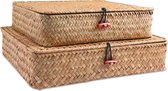 Plankmanden met deksels voor planken organiseren van natuurlijk zeegras rotan geweven organizerdozen Boho Home Decor Set van 2 (natuurlijk) storage basket