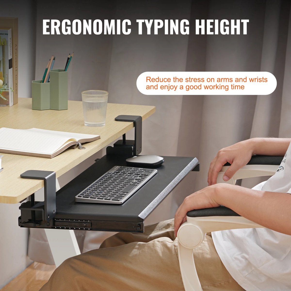 PUTORSEN Tastaturablage für Pole Mount, 25.7 x 9.8 Keyboard Mount passt auf die meisten Standard und Oversized Keyboards, hält bis zu 2.2lbs, Klammer-Arm fits Any Pole from 1.1 to 2.4, Schwarz