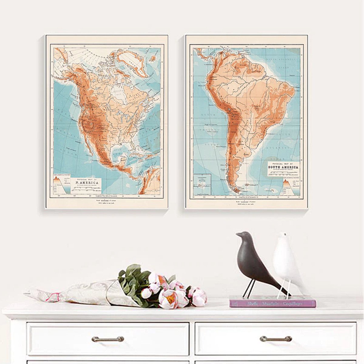 Allernieuwste Canvas Schilderij SET 2 stuks Landkaarten Noord en Zuid Amerika - Vintage Minimalisme - Poster - 2st 50 x 70 cm - Kleur