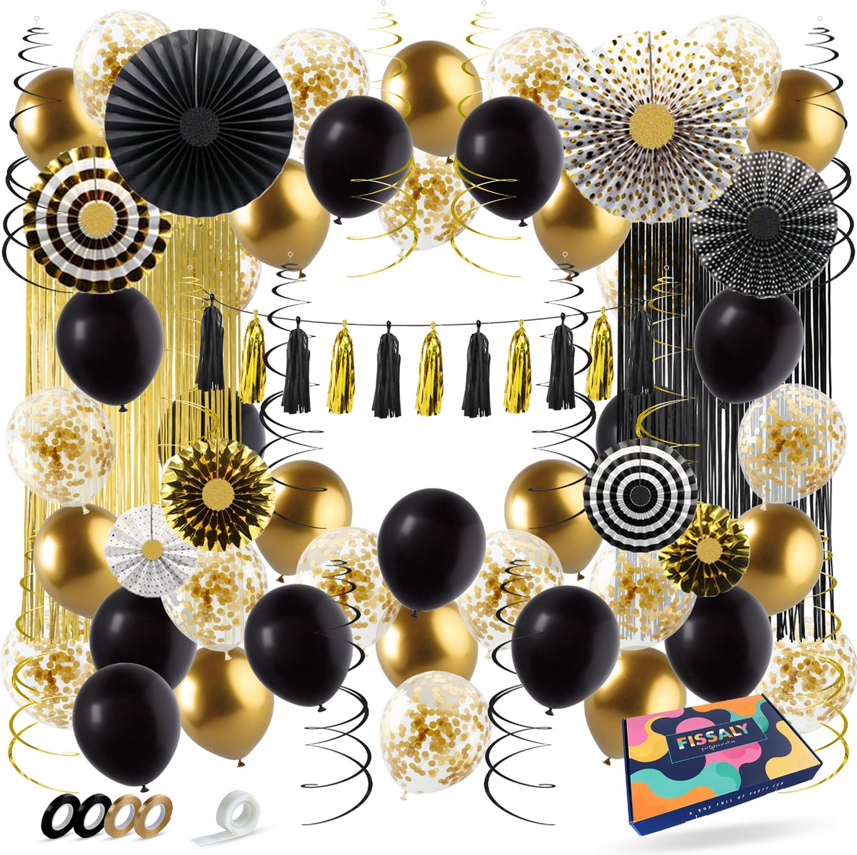 Fissaly 68 stuks Zwart & Goud XL Decoratie Feestpakket Versiering