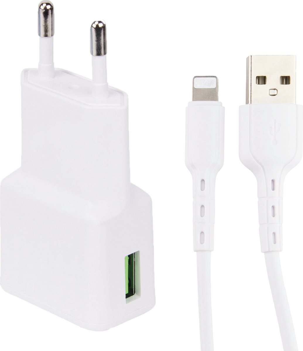 Snellaad Oplader - Snellader Geschikt voor iPhone en iPad - PVC Materiaal - 1 Meter - Oplaadkabel - 15W Vermogen - Adapter USB - Incl. Lightning Kabel - Adaptive Fast Charger - Stekkerblok - Wit