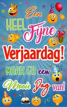 Een hele fijne verjaardag! Maak er een mooie dag van! Een kleurrijke kaart met smileys, slingers en ballonnen. Een leuke kaart om zo te geven of om bij een cadeau te voegen. Een dubbele wenskaart inclusief envelop en in folie verpakt.