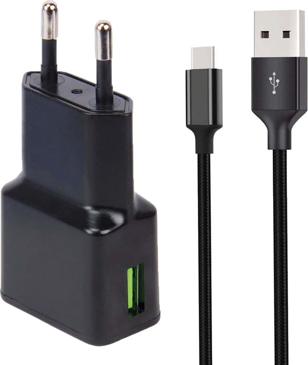 Snellaad Oplader - Snellader Geschikt voor Samsung Telefoon en Tablet - USB C naar USB A - Nylon Gevlochten - 3 Meter - Oplaadkabel - USB C Adapter - 15W Vermogen - Incl. USB C Kabel - Adaptive Fast Charger - Stekkerblok - Zwart
