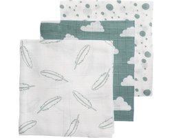 Meyco Baby Clouds/Dots/Feathers hydrofiele doeken - 3-pack - stone green - 70x70cm