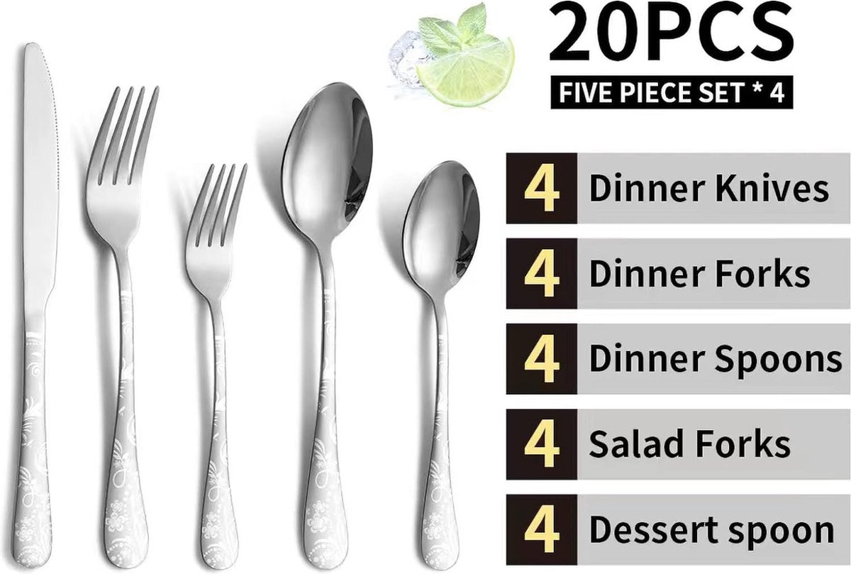 Bestekset RVS voor 4 Personen, Bestekset Inclusief Mes, Vork, Lepel, Bestek Spiegel Gepolijst, Vaatwasmachinebestendig, Camping Bestekset 20 Stuks (zilver)