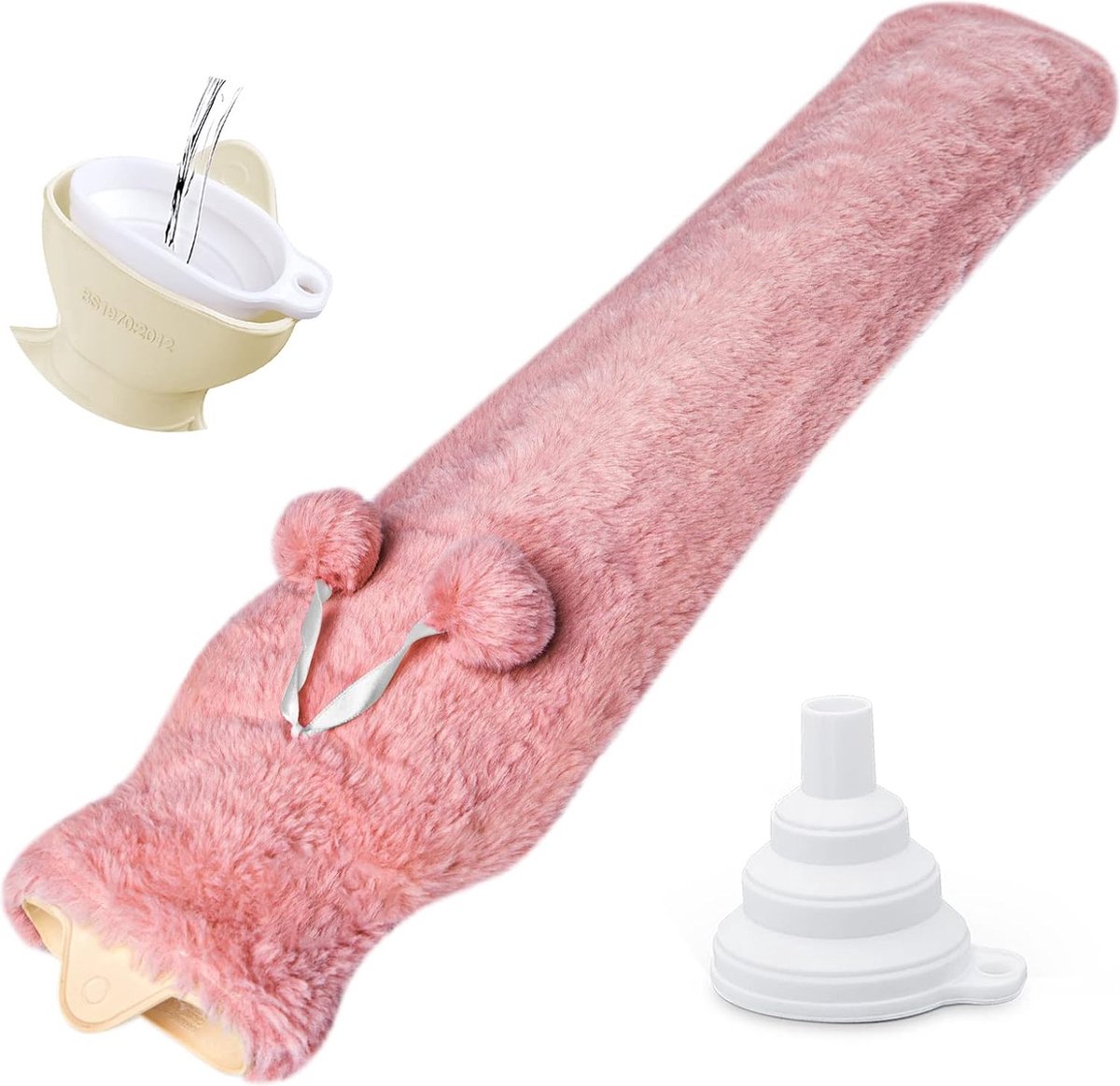 Grote Warmwaterkruik van 73 cm van Puur Natuurlijk Rubber, 2 liter, Warmwaterkruik Extra Lange Beschermhoezen van Heel Zacht Pluche en Opvouwbare Trechter, Lekvrij, Warmwaterfles, Roze