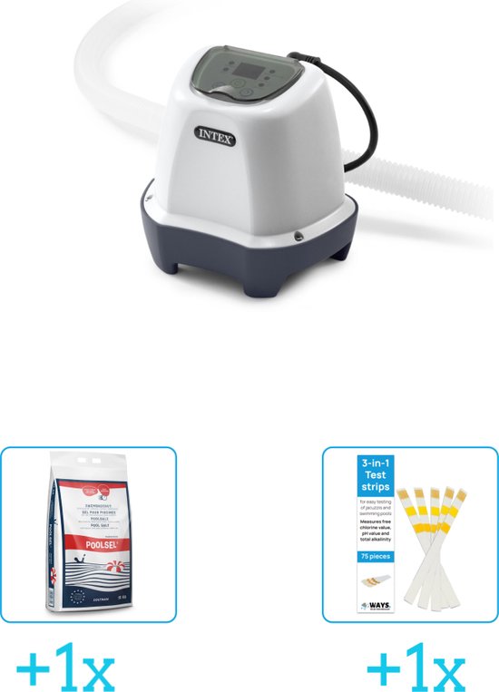 Système d'eau salée Intex QS200 - jusqu'à 8 327 litres , Zwembadzout compris 15 kg. (1 pièce) & Bandelettes de test WAYS (1 pièce)