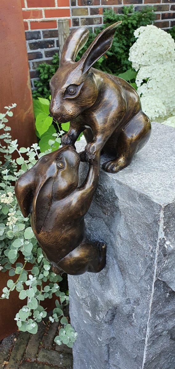 BRONZEN TUINBEELD HELPENDE HAZEN DIERENBEELD