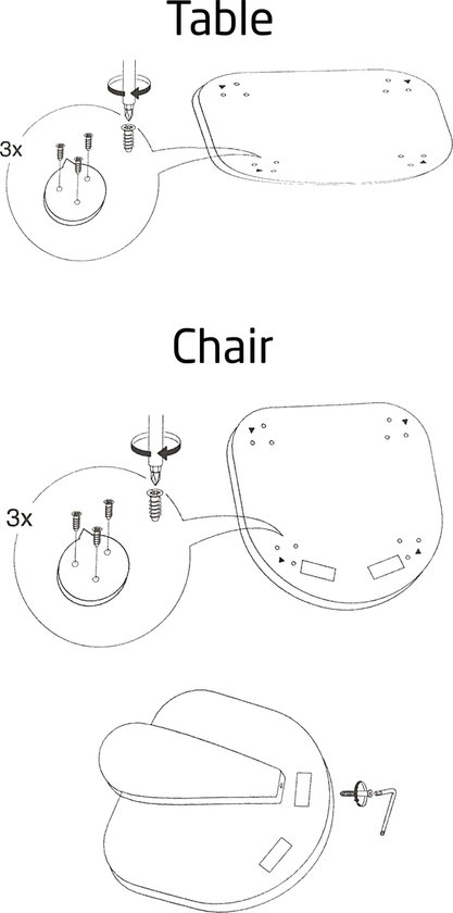 Illustratie van de montage-instructies voor een kinderbureau en stoel.