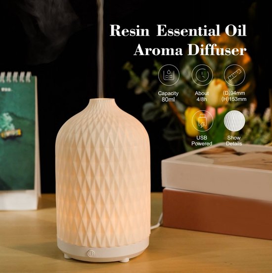 Resin essentiële olie Aroma Diffuser - Wit - Warm Licht - 80ml - Ultrasoon - Aromatherapie - Geurverspreider