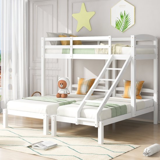 Sweiko Driepersoonsbed, Kinderbed, Driepersoonsstapelbed met zijladder voor kinderen en tieners, Wit (90x200cm)