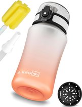 Minny Drinkfles voor kinderen, lekvrij, met rietje of zeef, lichte Tritan waterfles, BPA-vrij, voor kleuterschool, school (:transparant - oranje, 350ml)