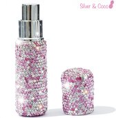 SilverAndCoco® - Glitter Parfum Verstuiver Navulbaar Fles | Klein Mini Hervulbaar Spray Zilveren Glamour Flesje - 5ml / Roze Zilver Diamantjes Steentjes