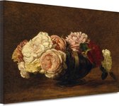 Rozen in een schaal - Henri Fantin-Latour portret - Rozen portret - Schilderij op canvas Bloemen - Landelijk schilderij - Canvas keuken - Wanddecoratie woonkamer 70x50 cm