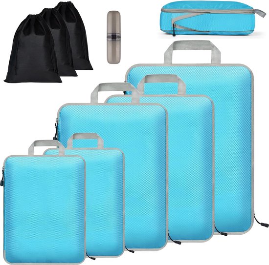 Foto: Koffer organizerset 9 stuks packing cubes waterdichte reis kledingtassen verpakkingskubus uitbreidbare paktassen bagage organizer voor reizen of thuis blauw