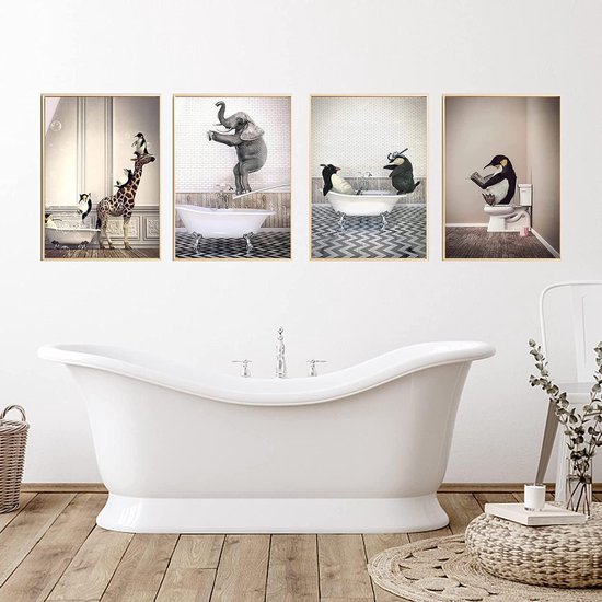 Images de salle de bain, salle de bain, animal, girafe, éléphant dans la baignoire, photo, art mural amusant, impression, toile, affiche de salle de bain, sans cadre, style 2,40 x 60 cm x 4