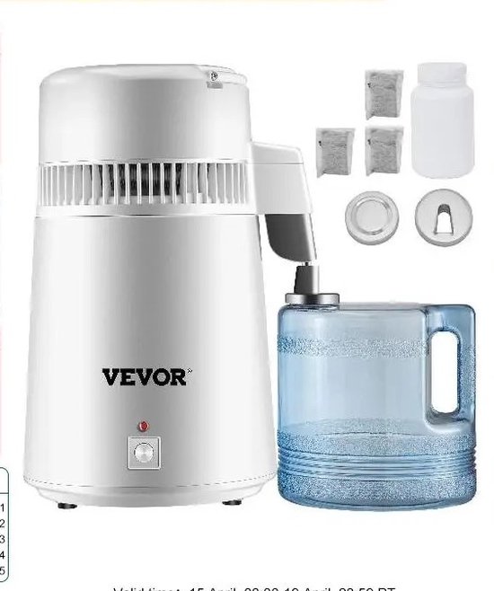 Vevor - Waterdestilleerder - Water Destilleerapparaat - Waterfilter - Waterzuiveraar - Destilleer Ketel - 4L